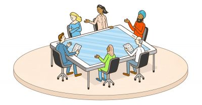 people sitting at a large phone as table illustration